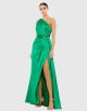 MAC DUGGAL GATHERED ONE SHOULDER SATIN WRAP GOWN